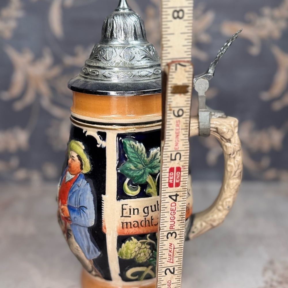 Vintage West German Beer Stein Pewter Lid Tavern Scene Relief Breweriana - Picture 7 of 11
